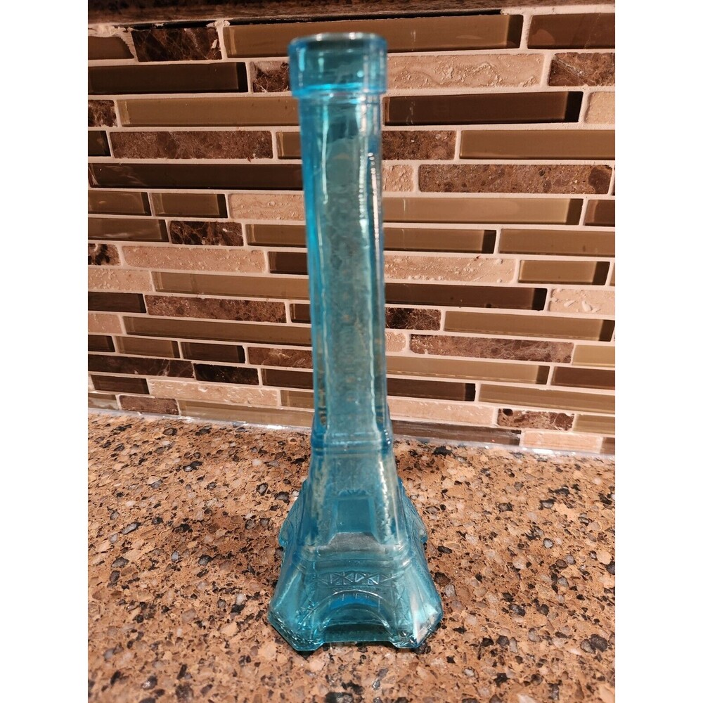 Vintage Rare 70s Eiffel Tower Aqua/Turquoise Glass Bottle Decanter/Vase